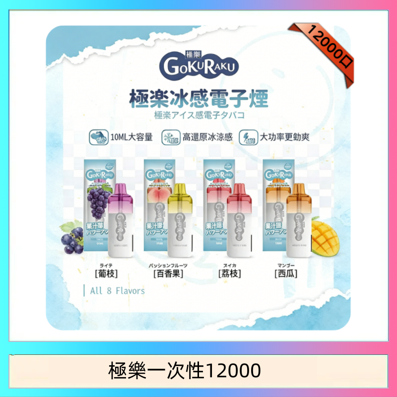 極樂一次性12000 【8種口味】極楽 12000口一次性電子煙|超大容量 |口感絲滑|新品